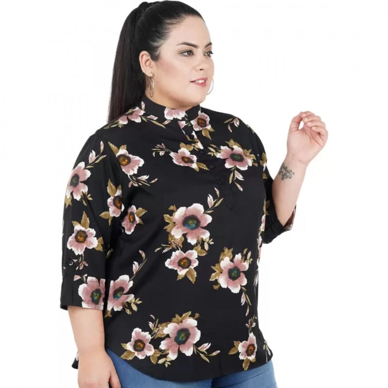 Mayawye Women's Casual Three Fourth Sleeve Printed Black Top (Color:Black, Material:Poly Crepe)