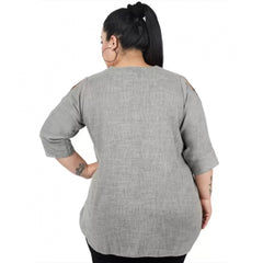 Mayawye Women's Casual Solid Grey Top (Color:Grey, Material:Cotton Linen Blend)