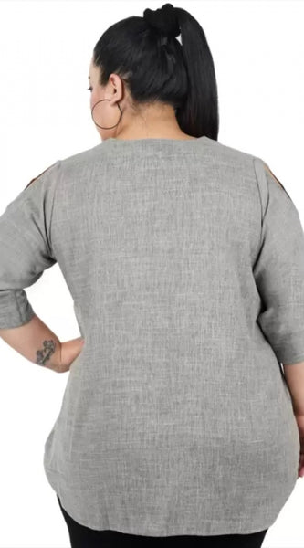 Mayawye Women's Casual Solid Grey Top (Color:Grey, Material:Cotton Linen Blend)