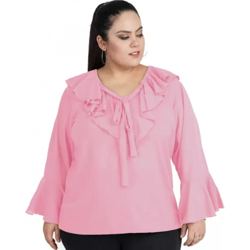 Mayawye Women's Casual Bell Sleeve Solid Pink Top (Color:Pink, Material:Georgette)
