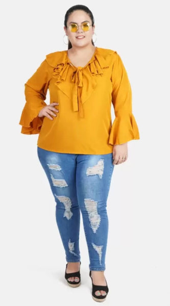 Mayawye Women's Casual Bell Sleeve Solid Yellow Top (Color:Yellow, Material:Georgette)