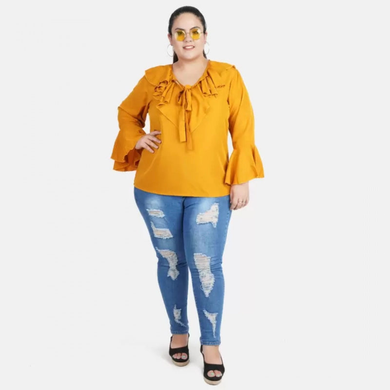 Mayawye Women's Casual Bell Sleeve Solid Yellow Top (Color:Yellow, Material:Georgette)