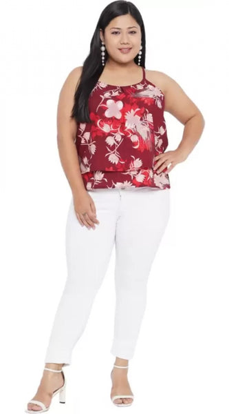 Mayawye Women's Casual Floral Print Red Top (Color:Red, Material:Polyester)