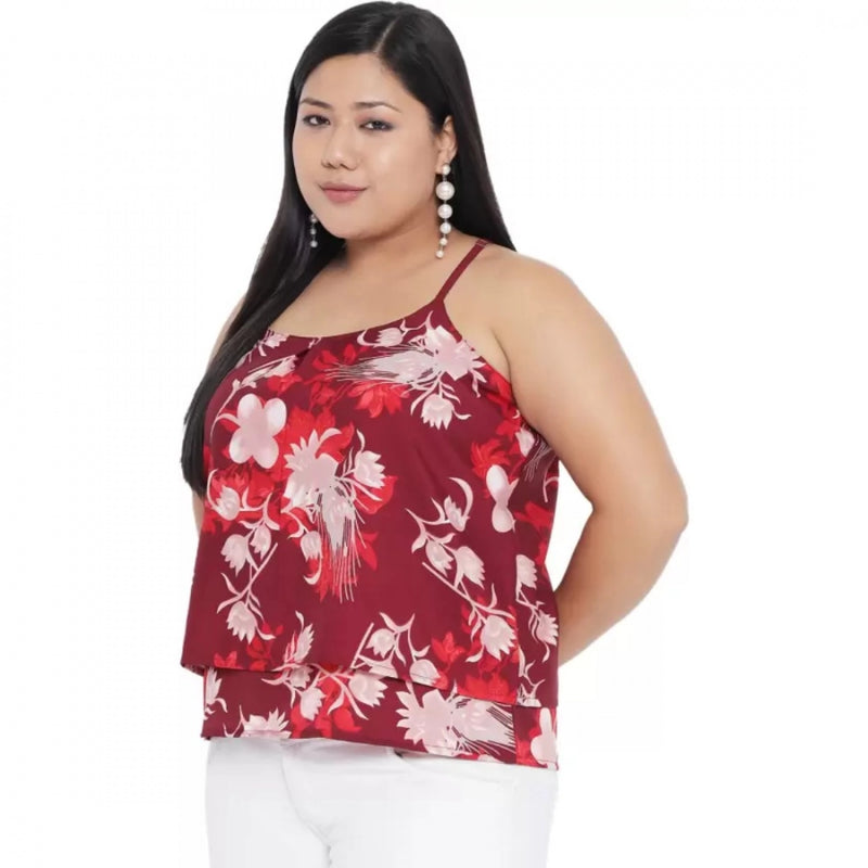 Mayawye Women's Casual Floral Print Red Top (Color:Red, Material:Polyester)