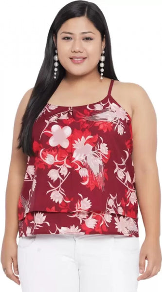 Mayawye Women's Casual Floral Print Red Top (Color:Red, Material:Polyester)