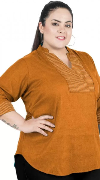Mayawye Women's Casual Three Fourth Sleeve Embroidered Yellow Top (Color:Yellow, Material:Cotton Linen Blend)