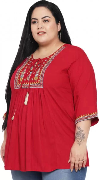 Mayawye Women's Casual Embroidered Maroon Top (Color:Maroon, Material:Rayon)