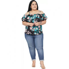 Mayawye Women's Casual Floral Print Black Top (Color:Black, Material:Polyester)