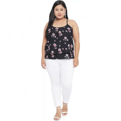 Mayawye Women's Casual Floral Print Black Top (Color:Black, Material:Polyester)