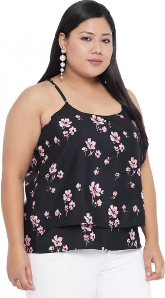 Mayawye Women's Casual Floral Print Black Top (Color:Black, Material:Polyester)