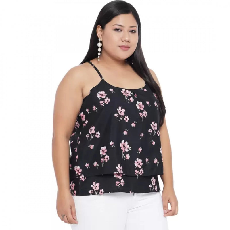 Mayawye Women's Casual Floral Print Black Top (Color:Black, Material:Polyester)