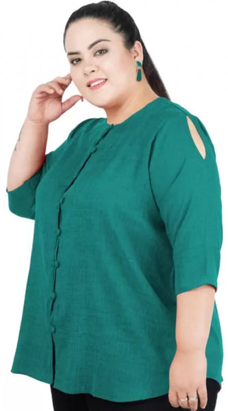 Mayawye Women's Casual Solid Green Top (Color:Green, Material:Cotton Linen Blend)