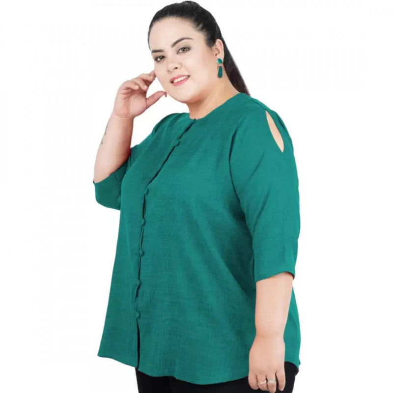 Mayawye Women's Casual Solid Green Top (Color:Green, Material:Cotton Linen Blend)