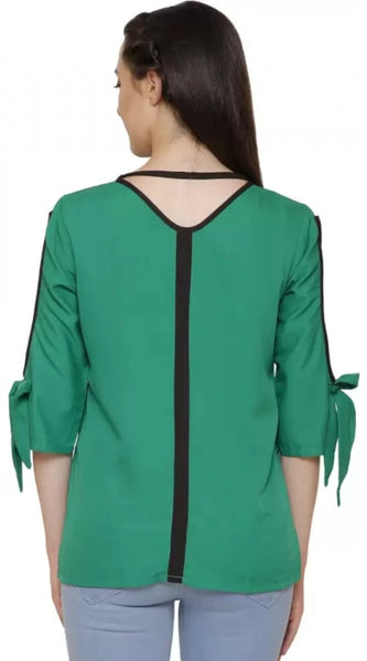 Mayawye Women's Casual Slit Sleeve Solid Green Top (Color:Green, Material:Poly Crepe)