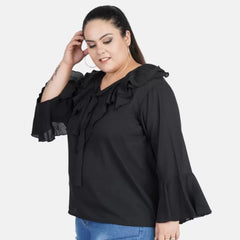 Mayawye Women's Casual Bell Sleeve Solid Black Top (Color:Black, Material:Georgette)
