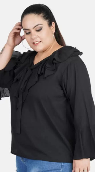 Mayawye Women's Casual Bell Sleeve Solid Black Top (Color:Black, Material:Georgette)