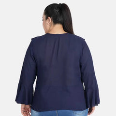 Mayawye Women's Casual Bell Sleeve Solid Blue Top (Color:Blue, Material:Georgette)