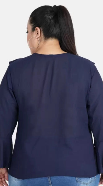 Mayawye Women's Casual Bell Sleeve Solid Blue Top (Color:Blue, Material:Georgette)