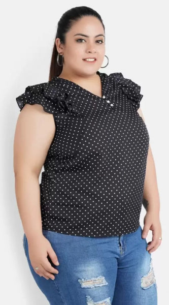 Mayawye Women's Casual Flutter Sleeve Polka Print Black Top (Color:Black, Material:Crepe)