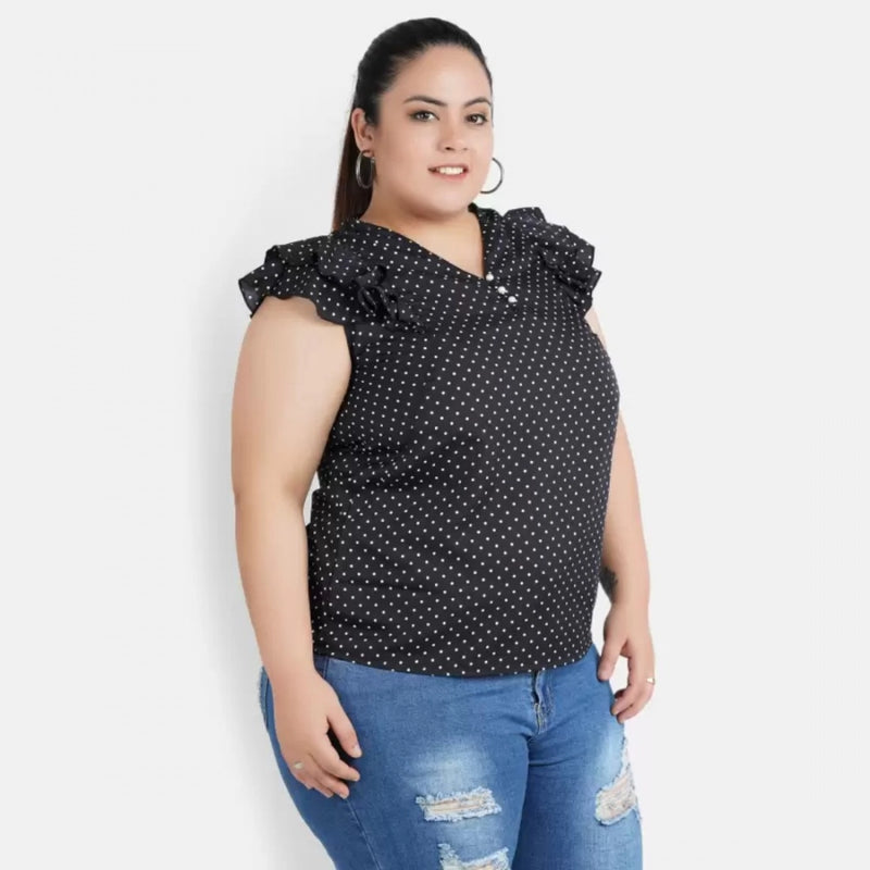 Mayawye Women's Casual Flutter Sleeve Polka Print Black Top (Color:Black, Material:Crepe)