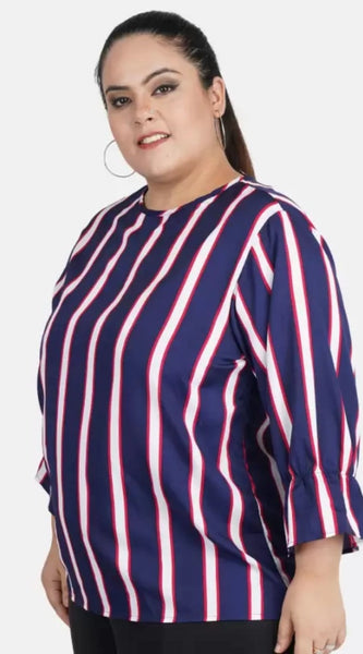 Mayawye Women's Casual Bell Sleeve Striped Blue Top (Color:Blue, Material:Crepe)