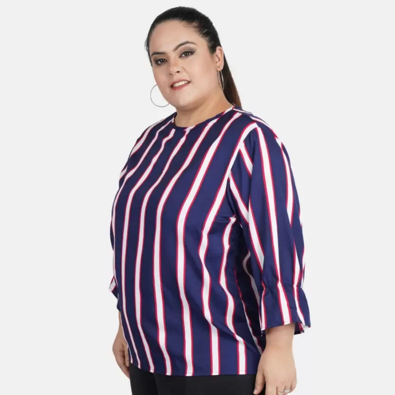 Mayawye Women's Casual Bell Sleeve Striped Blue Top (Color:Blue, Material:Crepe)