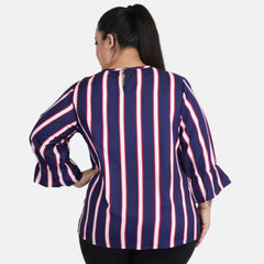 Mayawye Women's Casual Bell Sleeve Striped Blue Top (Color:Blue, Material:Crepe)
