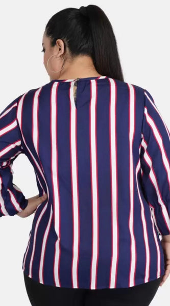 Mayawye Women's Casual Bell Sleeve Striped Blue Top (Color:Blue, Material:Crepe)