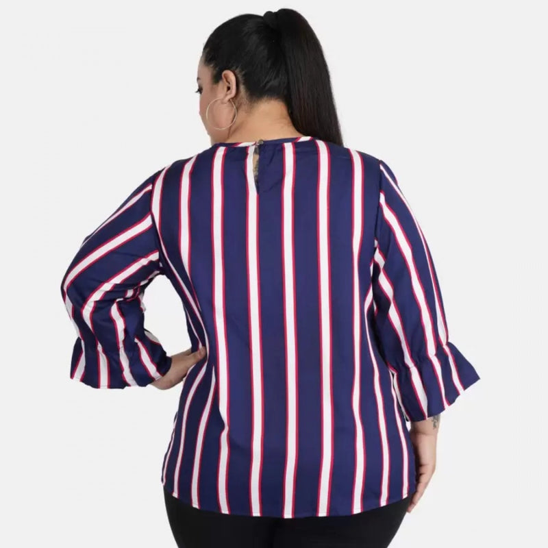 Mayawye Women's Casual Bell Sleeve Striped Blue Top (Color:Blue, Material:Crepe)