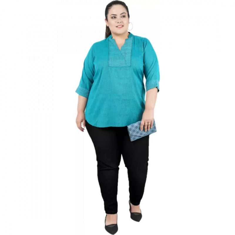 Mayawye Women's Casual Three Fourth Sleeve Embroidered Light Green Top (Color:Light Blue, Material:Cotton Linen Blend)