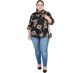 Mayawye Women's Casual Three Fourth Sleeve Printed Black Top (Color:Black, Material:Poly Crepe)