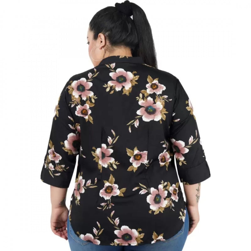 Mayawye Women's Casual Three Fourth Sleeve Printed Black Top (Color:Black, Material:Poly Crepe)