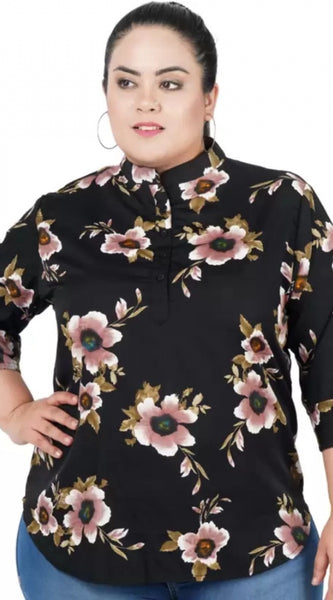 Mayawye Women's Casual Three Fourth Sleeve Printed Black Top (Color:Black, Material:Poly Crepe)
