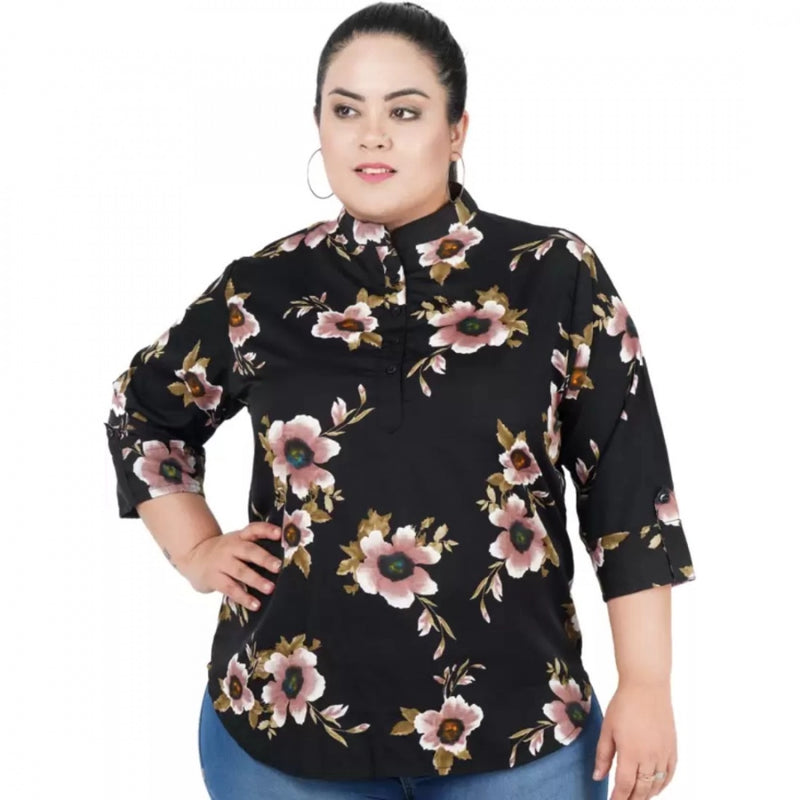 Mayawye Women's Casual Three Fourth Sleeve Printed Black Top (Color:Black, Material:Poly Crepe)
