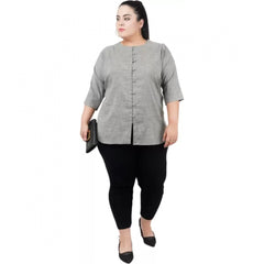 Mayawye Women's Casual Solid Grey Top (Color:Grey, Material:Cotton Linen Blend)