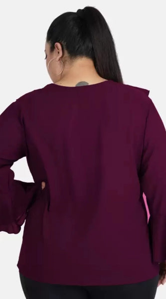 Mayawye Women's Casual Bell Sleeve Solid Purple Top (Color:Purple, Material:Georgette)