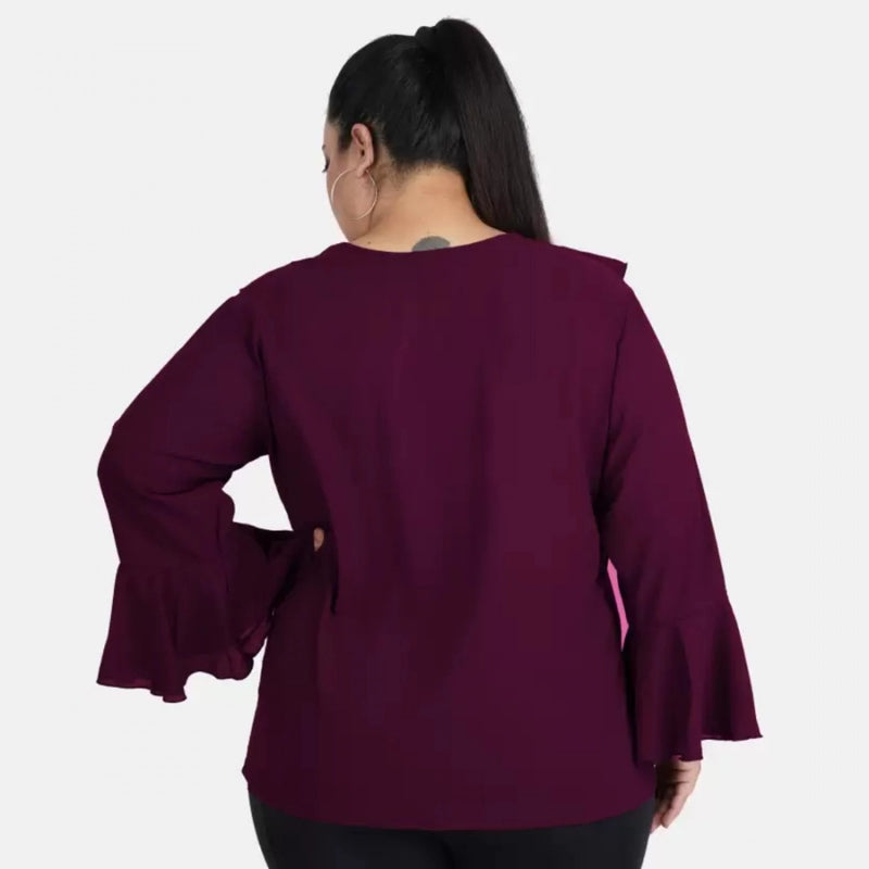 Mayawye Women's Casual Bell Sleeve Solid Purple Top (Color:Purple, Material:Georgette)