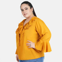 Mayawye Women's Casual Bell Sleeve Solid Yellow Top (Color:Yellow, Material:Georgette)