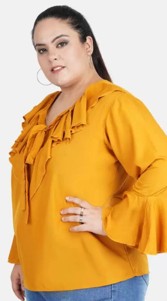 Mayawye Women's Casual Bell Sleeve Solid Yellow Top (Color:Yellow, Material:Georgette)