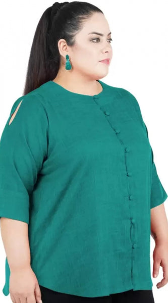 Mayawye Women's Casual Solid Green Top (Color:Green, Material:Cotton Linen Blend)