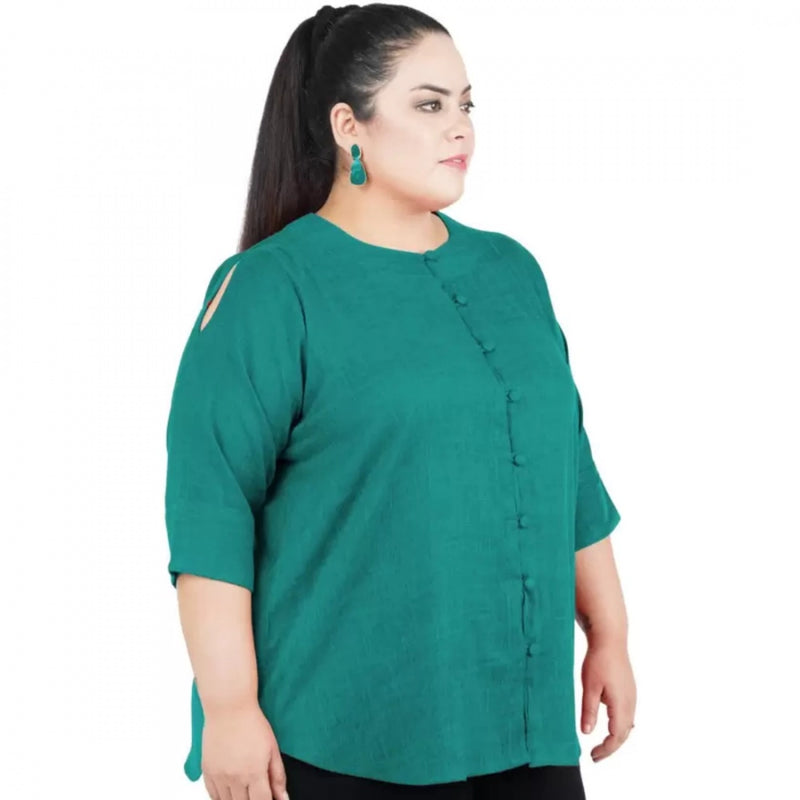 Mayawye Women's Casual Solid Green Top (Color:Green, Material:Cotton Linen Blend)