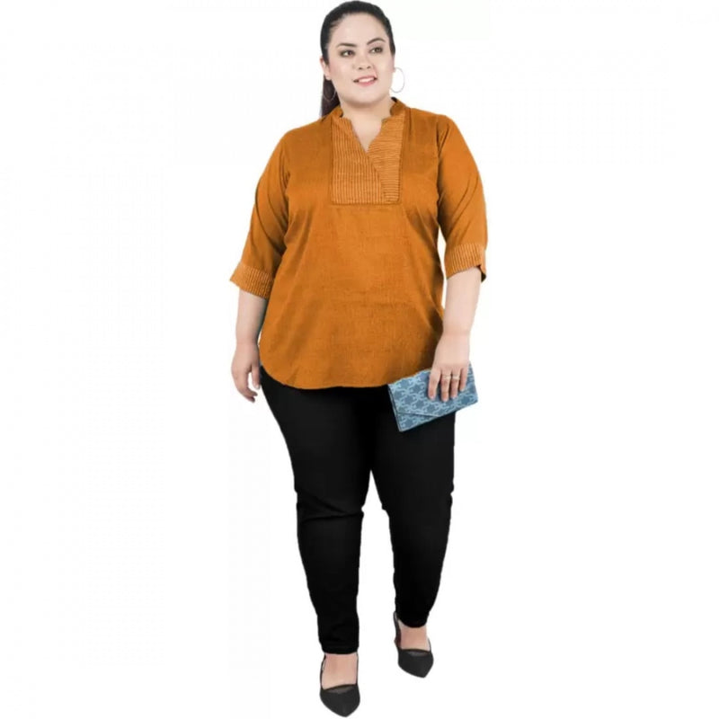 Mayawye Women's Casual Three Fourth Sleeve Embroidered Yellow Top (Color:Yellow, Material:Cotton Linen Blend)