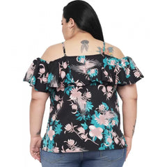 Mayawye Women's Casual Floral Print Black Top (Color:Black, Material:Polyester)