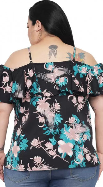 Mayawye Women's Casual Floral Print Black Top (Color:Black, Material:Polyester)