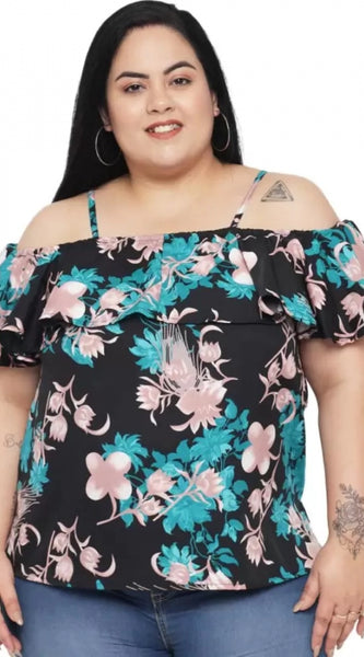 Mayawye Women's Casual Floral Print Black Top (Color:Black, Material:Polyester)