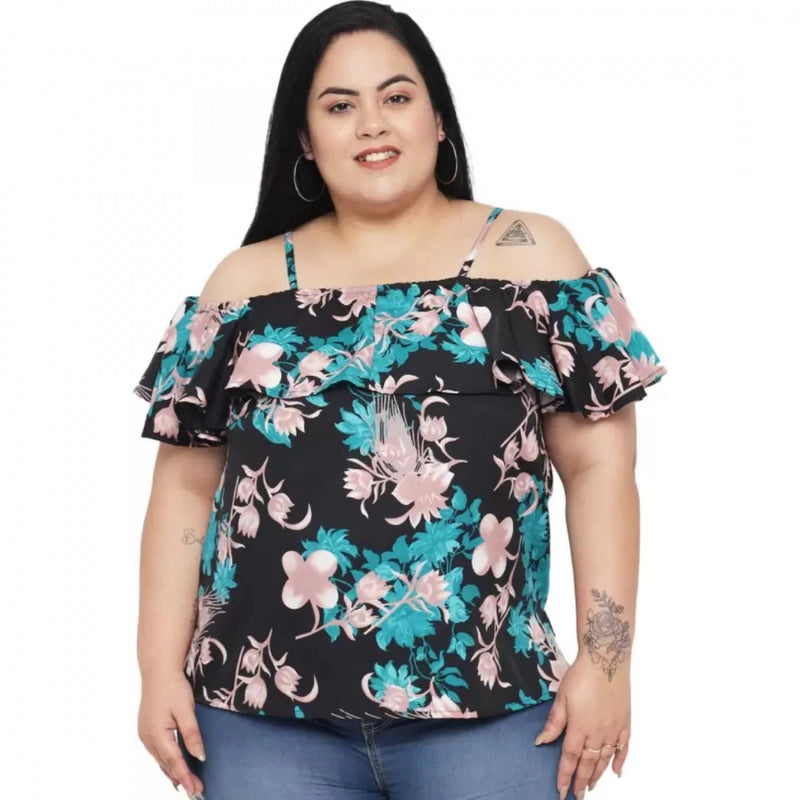 Mayawye Women's Casual Floral Print Black Top (Color:Black, Material:Polyester)