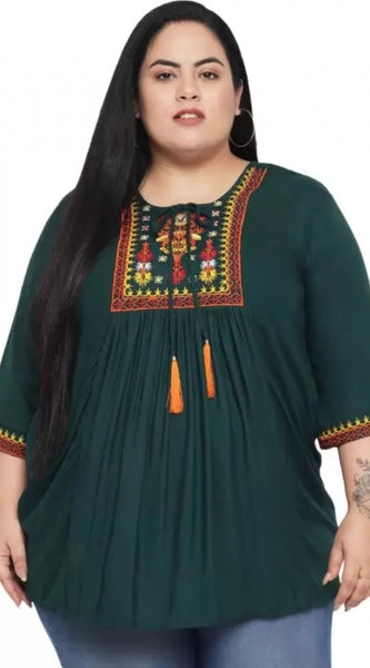 Mayawye Women's Casual Embroidered Dark Green Top (Color:Dark Green, Material:Rayon)