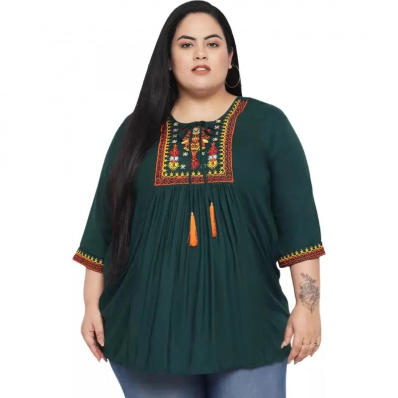 Mayawye Women's Casual Embroidered Dark Green Top (Color:Dark Green, Material:Rayon)