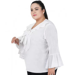 Mayawye Women's Casual Bell Sleeve Solid White Top (Color:White, Material:Georgette)
