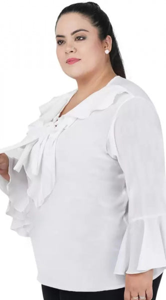 Mayawye Women's Casual Bell Sleeve Solid White Top (Color:White, Material:Georgette)